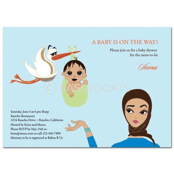 Baby Shower Invitation - Stork Mommy Headscarf Hijab